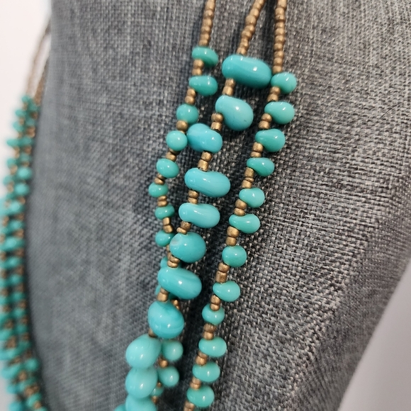 Layered Turquoise Glass Bead Statement Necklace Brass Seed Beads 16–19" - Picture 3 of 8